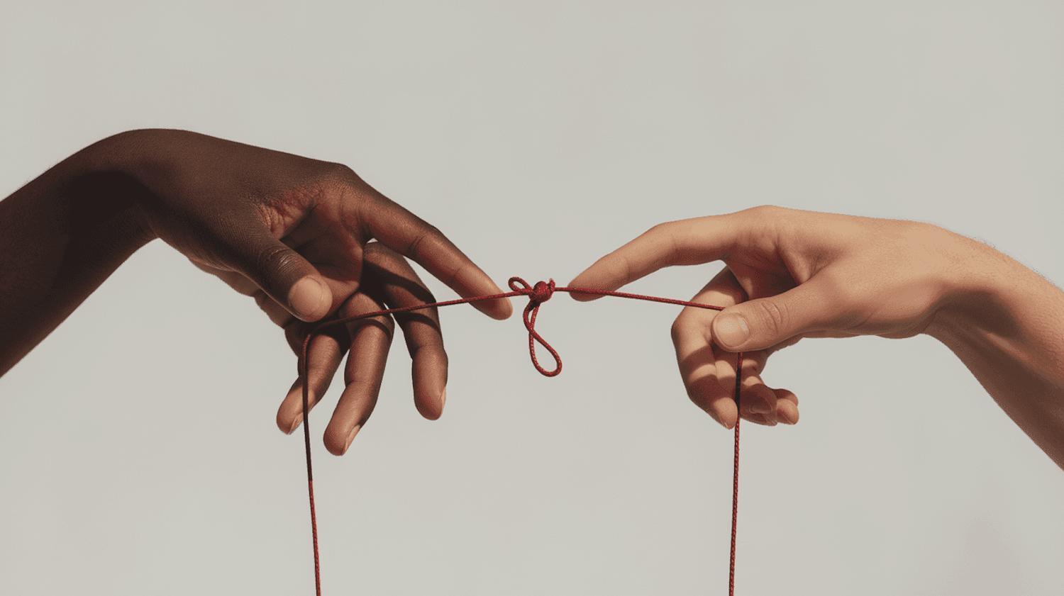 Two hands holding a knotted red thread