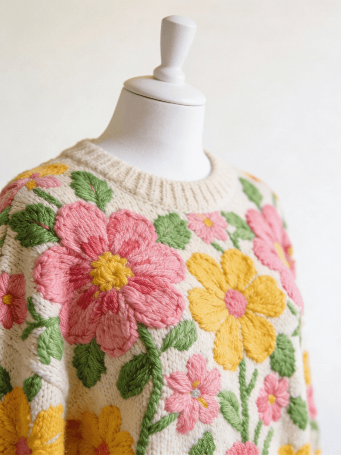 Close-up of a garment covered in colourful hand embroidered flowers