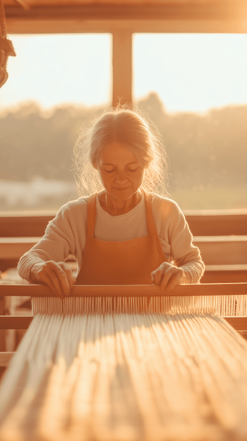 A weaver working at a wooden loom in warm afternoon light